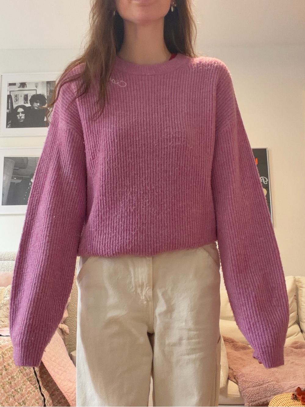a new day Mauve-Pink Ribbed Oversized Crewneck Sweater
